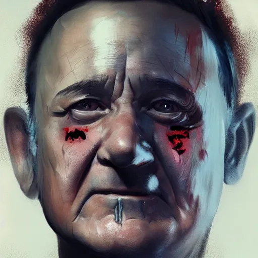 Image similar to close-up, symmetrical!, portrait of a young Bill Murray, bruised and scarred! cyberpunk, techwear! by Greg Rutkowski, matte painting, trending on artstation