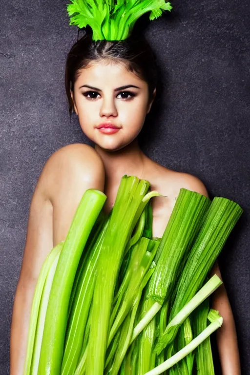 Prompt: selena gomez made out of celery, a human face with celery for hair, a bunch of celery sitting on a cutting board, professional food photography