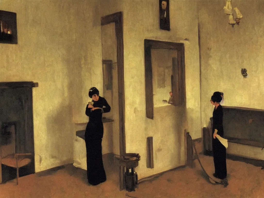 Image similar to Woman setting the interior of a house on fire. The walls are full of old paintings. Painting by Felix Vallotton, John Everett Millais