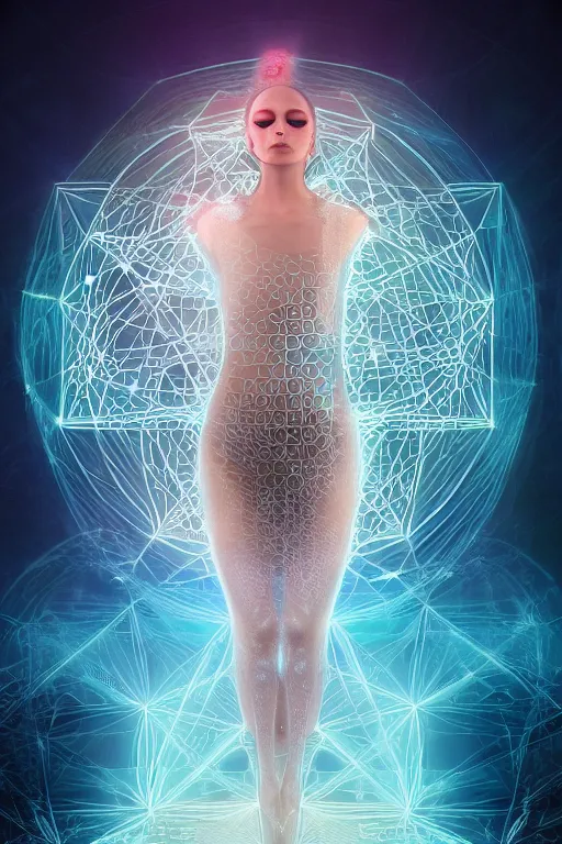 Image similar to intricate holographic quantum ghostwave entanglement beautiful ballerina in a sacred geometry cube made of micro circuitry and transistors in a glowing deep sea by nekro, smooth, focus, symmetrical face, trending on artstation, cgsociety 4 k