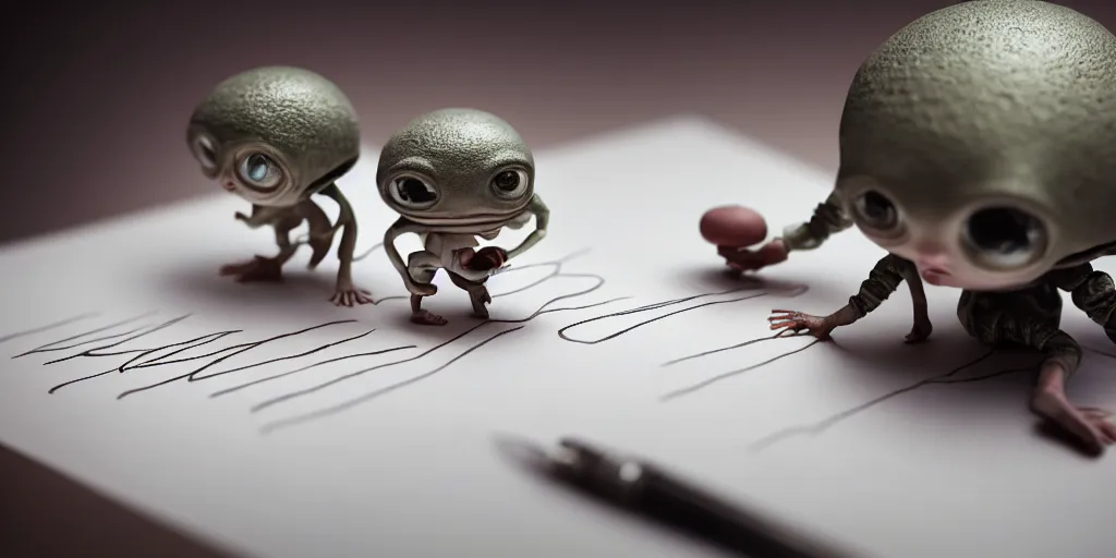 Image similar to closeup portrait of tiny aliens on white paper table in an artist workshop, depth of field, zeiss lens, detailed, centered, fashion photoshoot, by nicoletta ceccoli, mark ryden, lostfish, breathtaking, 8 k resolution, extremely detailed, beautiful, establishing shot, artistic, hyperrealistic, octane render