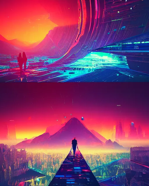 Image similar to Digital world, simulation theory, glitching, scifi, global illumination, unique landscape, fine details, perfect, 8k high detail, masterpiece, trending on ArtStation, by Alena Aenami, Petros Afshar, Liam Wong