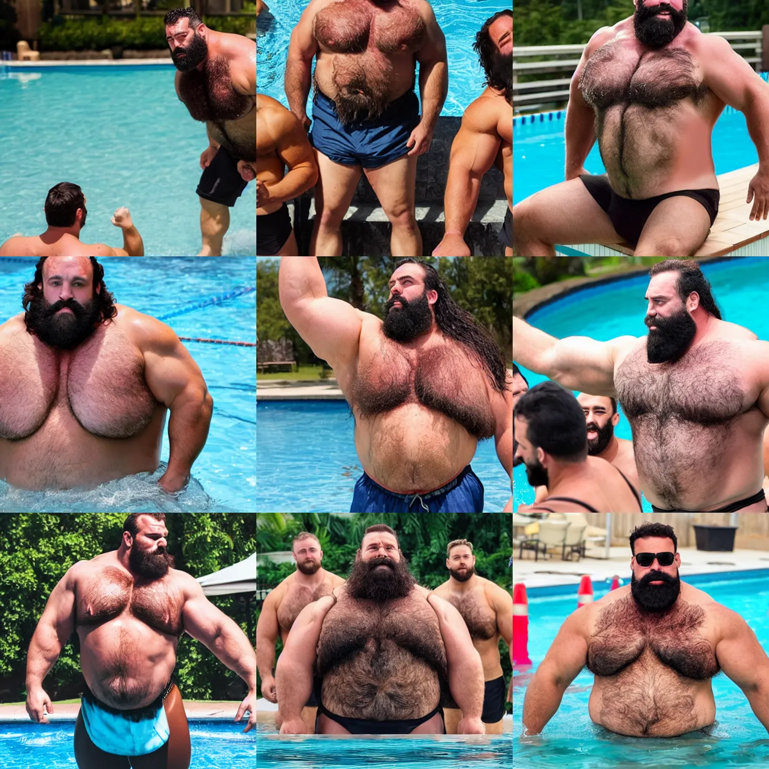 Prompt: massive burly strongman with thick dark hair on his chest, a thick beard, long thick hair like a mane and a big brawny body, flexing for his strongmen friends at a pool party