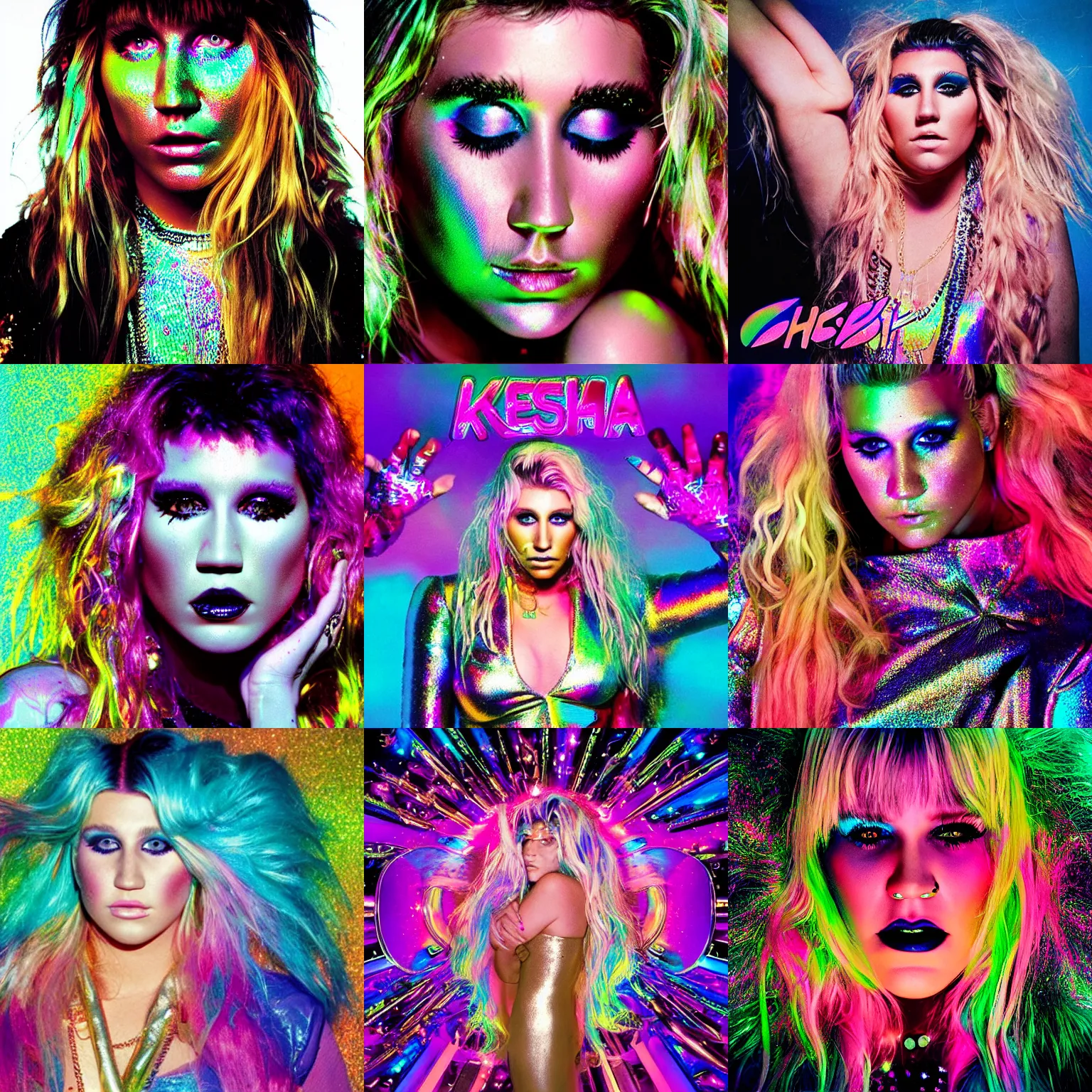 Prompt: kesha album cover, 1 9 9 9, y 2 k aesthetic, holographic, liquid metal