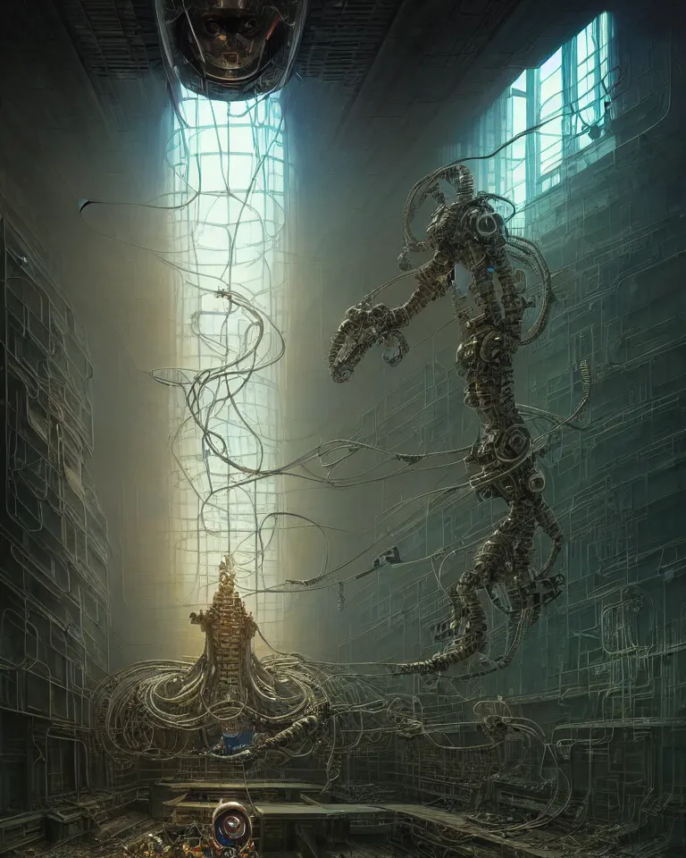 Image similar to low angle shot of a cyberpunk robot character inside a chernobyl room, intricate, elegant, highly detailed, centered, digital painting, artstation, concept art, smooth, sharp focus, illustration, artgerm, tomasz alen kopera, peter mohrbacher, donato giancola, joseph christian leyendecker, wlop, boris vallejo