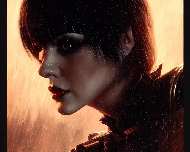 Image similar to a 4 k cinematic screenshot still portrait of joan jett in bladerunner, deep focus, d & d, fantasy, intricate, elegant, highly detailed, digital painting, artstation, concept art, matte, sharp focus, illustration, dark fantasy style art, hearthstone, art by artgerm and greg rutkowski and alphonse mucha