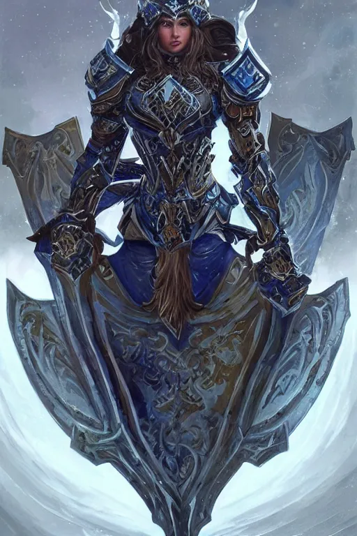 Image similar to Fantasy Paladin with tower shield wearing an intricate azure wolf themed full plated armor, moonlit, HD, illustration, epic, D&D, fantasy, intricate, elegant, highly detailed, digital painting, artstation, concept art, smooth, sharp focus, illustration, art by artgerm and greg rutkowski and alphonse mucha