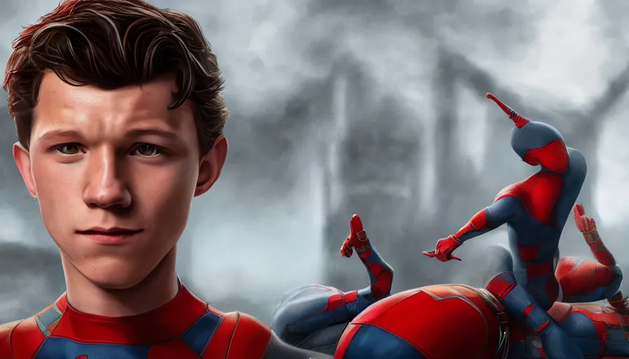 Image similar to Tom Holland is Robin, hyperdetailed, artstation, cgsociety, 8k