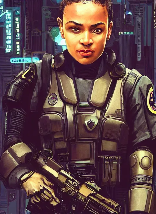 Prompt: Sgt. Sophia Igwe. Strong cyberpunk female USN Assault mech pilot with cyberpunk eyepiece and wearing military stealthsuit (cyberpunk 2077, bladerunner 2049, splinter cell, blackops). gorgeous face. Iranian orientalist portrait by john william waterhouse and Edwin Longsden Long and Theodore Ralli and Nasreddine Dinet, oil on canvas. Cinematic, hyper realism, realistic proportions, dramatic lighting, high detail 4k