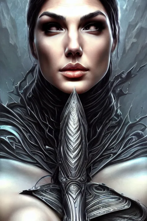 Image similar to very very beautiful longshot photo of chthonic Gal Gadot with demonic eyes and black veins, intricate, elegant, highly detailed, artstation, concept art, smooth, sharp focus, illustration, art by artgerm, Ayami Kojima, Beksinski, Giger