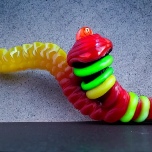 Image similar to a futuristic robotic gummi worm. dramatic product lighting. it's a gummi with extra juiciness. but it's also a worm. ick. trendy food truck. digital reality.