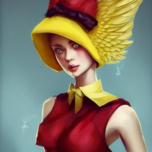 Prompt: an elegant yellow bird wearing a crown and a red bow tie in the style of Charlie Bowater, very very beautiful, high quality, detailed, 4k, digital art, artstation, smooth