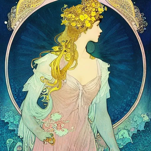 Prompt: a beautiful intricate watercolor illustration of a princess with flying goldfishes, 4 k, ultra - wide angle, by william turner, by victo ngai, by alphonse mucha, by moebius, by gustave dore, hd, trending on artstation, hyper detailed, muted intense colors