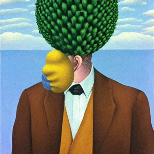 Image similar to a man with a beehive instead of a face, surrealist painting by rene magritte. mysterious, ominous