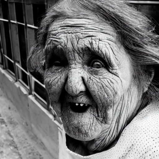 Prompt: realistic black and white old photo of a giant very old woman on destroyed city, full body, short dof, extremely cute, large head, hyper realistic, minutely detailed