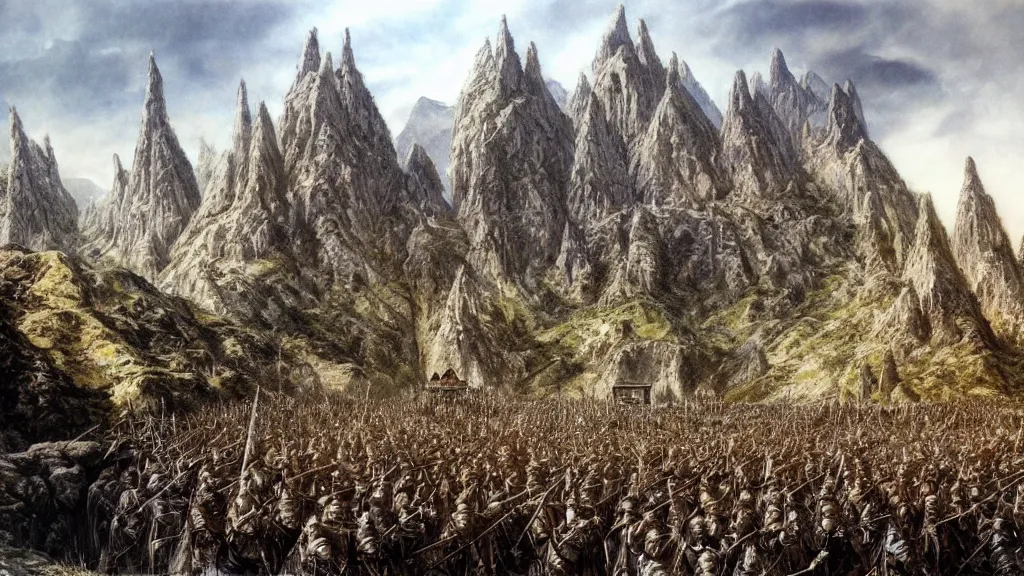 Image similar to beautiful helms deep, by alan lee, intricate, lord of the rings calendar, smooth, detailed terrain, oil painting, high detail, trending artstation, concept art, matte painting