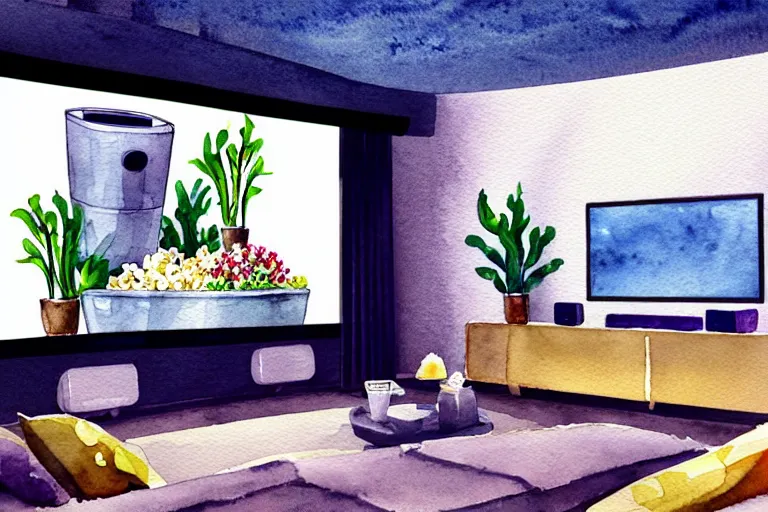 Image similar to very wide angle view, a modern home movie theater with big screen!!, stylish wall sconces lights, detailed art deco decoration!!, plants, popcorn machine, rough watercolor painting, trending on artstation