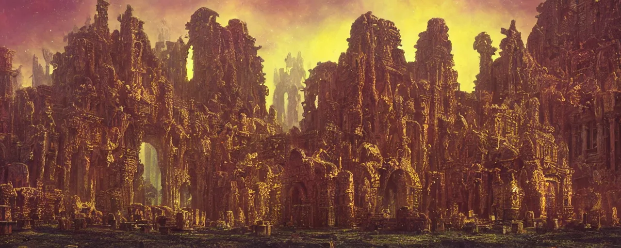 Image similar to ” ancient ruins of an alien cathedral, [ cinematic, detailed, epic, widescreen, opening, establishing, mattepainting, photorealistic, realistic textures, octane render, art by paul lehr ] ”