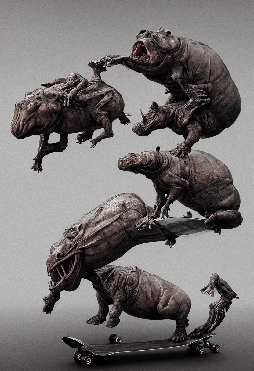 Image similar to breathtaking scene of a biomechanical hippo riding a skateboard, by hr giger and zdzislaw beksinski, trending on artstation, award winning, concept art