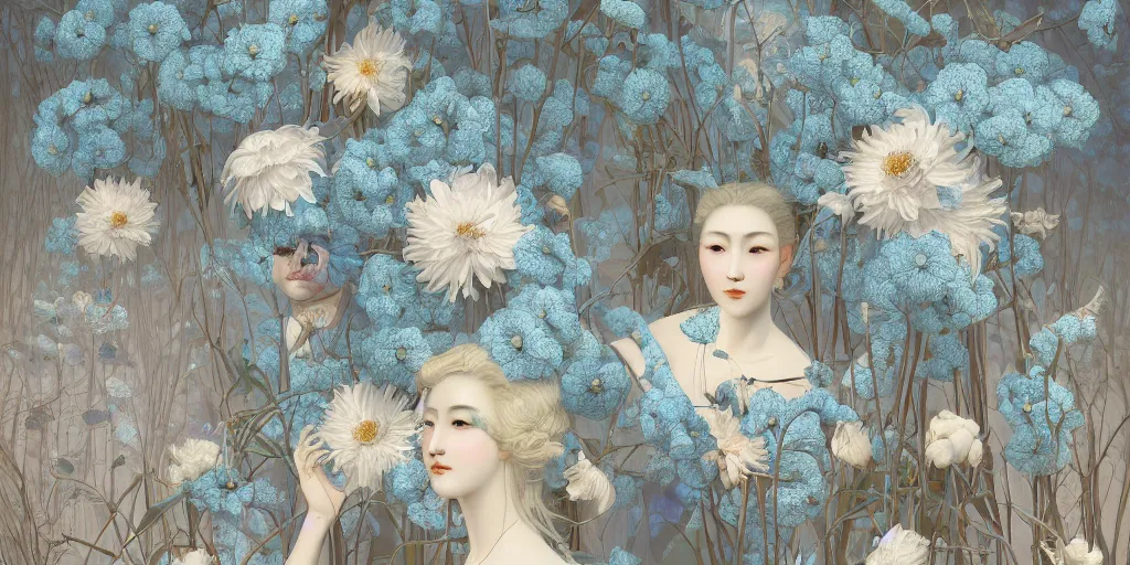 Prompt: breathtaking detailed concept art painting art deco pattern of blonde faces of feminine floral korean men amalmation light - blue flowers with anxious piercing eyes and blend of flowers and birds, by hsiao - ron cheng and john james audubon, bizarre compositions, exquisite detail, extremely moody lighting, 8 k