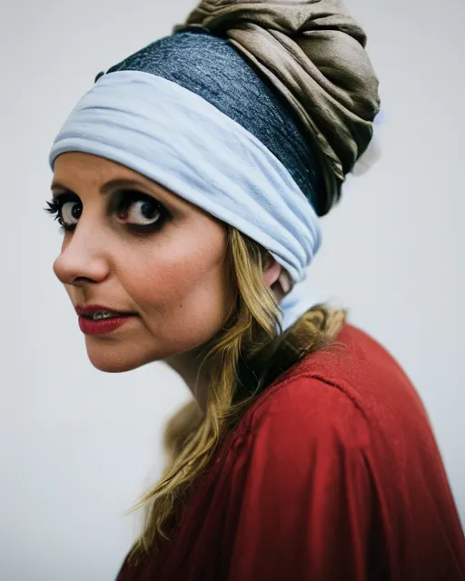 Prompt: A studio photo of Sarah Michelle Gellar as the girl with a pearl earring, bokeh, 90mm, f/1.4