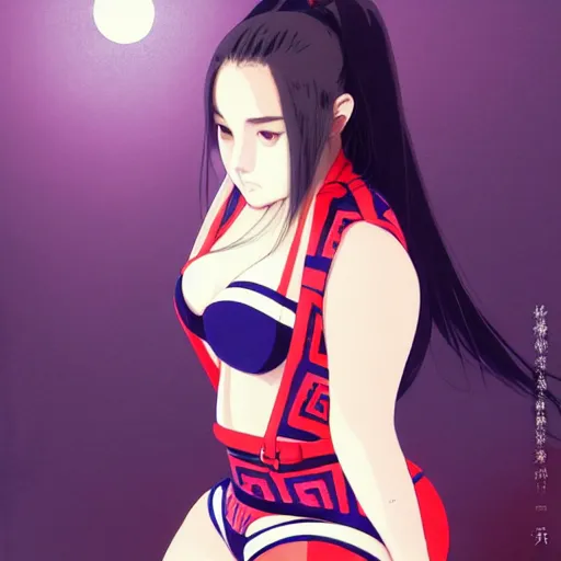 Image similar to a beautiful plus sized model japanese natalie portman, alluring plus sized model, wearing mayan leotard with overalls, street fashion hip hop style with mayan patterns, aztec street fashion, gapmoe yandere grimdark, trending on pixiv fanbox, painted by greg rutkowski makoto shinkai takashi takeuchi studio ghibli, akihiko yoshida