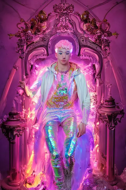 Prompt: full-body rococo and cyberpunk delicate neon crystalline sculpture of ((young muscular albino prince Joe Jonas)) as an iridescent humanoid deity wearing ((peach plastic hooded cloak)) (holding a human skull) in a white castle dungeon, reclining, glowing pink face, crown of (pink lasers), large blue diamonds, swirling black silk fabric. futuristic elements. oozing glowing liquid, full-length view. space robots. intricate artwork by caravaggio. Trending on artstation, octane render, cinematic lighting from the right, hyper realism, octane render, 8k, depth of field, 3D