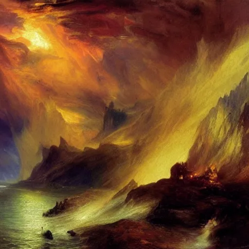 Prompt: political cartoon robust, atmospheric by thomas moran. conceptual art. paralyzed by the indescribable beauty of the cosmos.