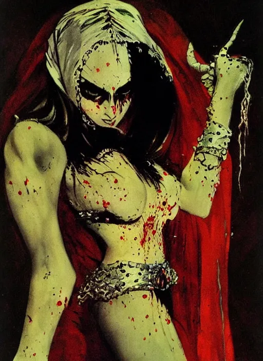 Image similar to portrait of svelt iranian vampiress, jeweled veil, strong line, saturated color, beautiful! coherent! by frank frazetta, high contrast, blood splatter background