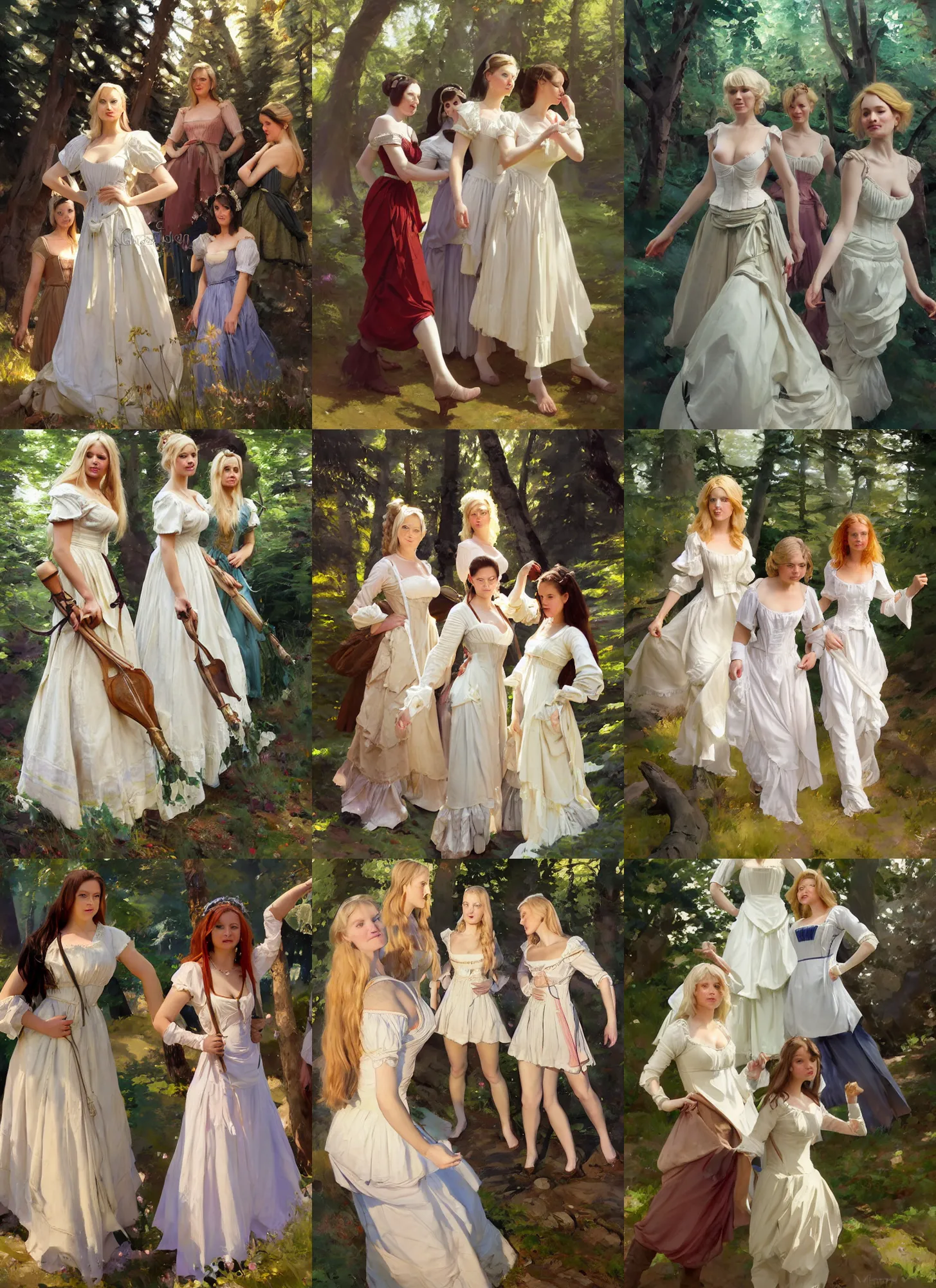 Prompt: three of finnish norwegian swedish scandinavian attractive glamour models wearing as village maidens in 1 7 th century bodice with low neckline walking in enchanted forest in a sunny day, jodhpurs greg manchess painting by sargent and leyendecker, studio ghibli fantasy medium shot asymmetrical intricate elegant matte painting illustration hearthstone, by greg rutkowski by greg tocchini by james gilleard