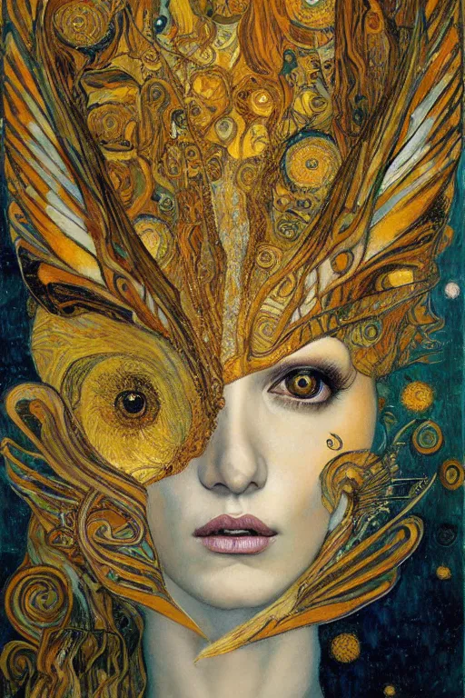 Image similar to Metamorphosis by Karol Bak, Jean Deville, Gustav Klimt, and Vincent Van Gogh, transformation portrait, chimera, visionary, cicada wings, otherworldly, fractal structures, ornate gilded medieval icon, third eye, hybrid, change, spirals, horizontal symmetry