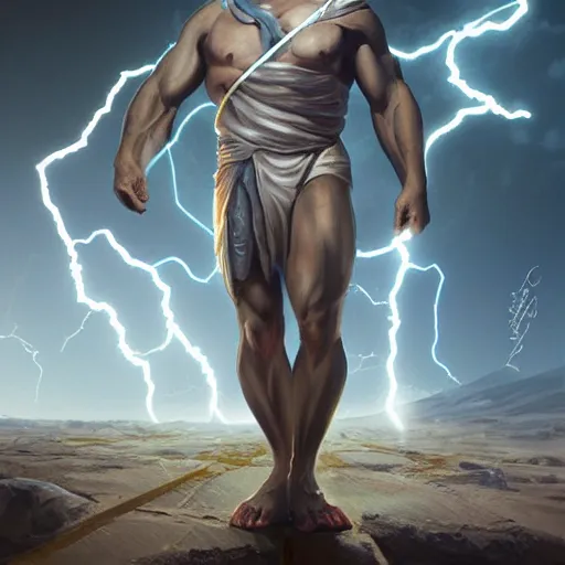 Image similar to benjamin netanyahu as the greek god of lightning, lightning bolts, highly detailed, ultra clear, by artgerm and greg rutkowski