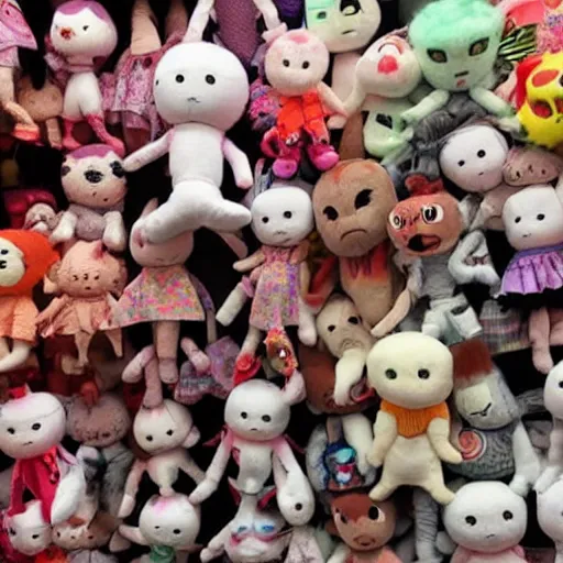 Image similar to haunting plushies being sold at an amusement park, devilish, nightmare - fuel, scary, cursed, evil, dark