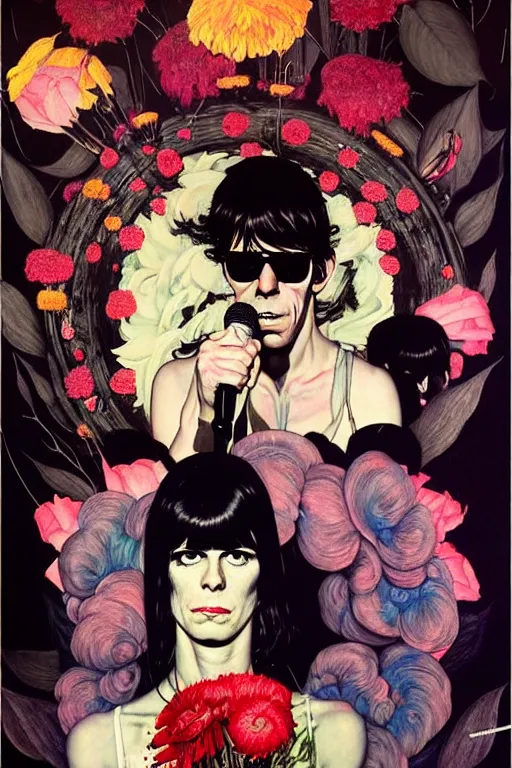 Image similar to the velvet underground and nico playing live on stage at a night club, beautiful stage decoration with flowers in the background, painting by james jean and norman rockwell, very detailed and colorful and toned down and ornamental and moody and cool and relaxed and high on drugs, trending on artstation, behance contest winner