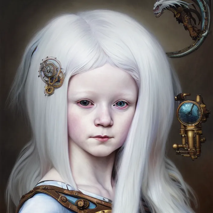 Image similar to excellent painted portrait of a albino girl with white hair and a fringe, steampunk art, with a nordic white dragon flying on the background, character artwork, 8k resolution artwork, trending on artstation, detailed oil painting portrait, art by artgerm and greg rutkowski and alphonse mucha and craig mullins and James Jean and Andrei Riabovitchev and Marc Simonetti and peter mohrbacher, matte painting