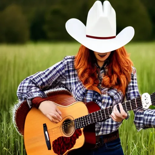 Image similar to a female fluffy anthropomorphic fox animal, wearing cowboy hat, wearing plaid shirt, playing guitar, in a field, barn in background, album cover style