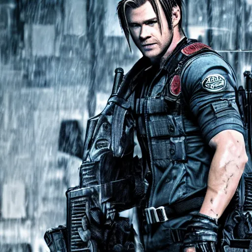 Image similar to chris hemsworth as leon kennedy in resident evil, 4k, high detail, high-resolution photograph, professional photography