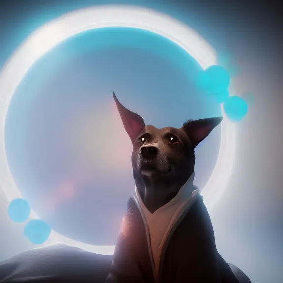 Prompt: a portrait of a dog wearing a robe in heaven, circular, glowing, circle, unreal engine, octane render, artstation, digital art.
