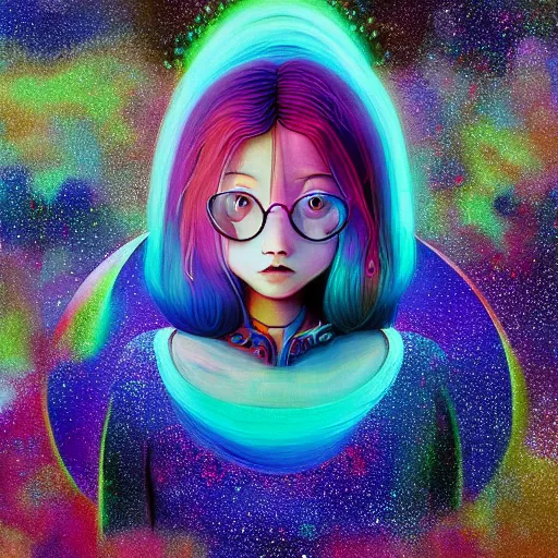 Image similar to a psychedelic portait of a girl by takashi murakami,, beeple and james jean, aya takano color style, 4 k, super detailed, night sky, digital art, digital painting, celestial, majestic, colorful