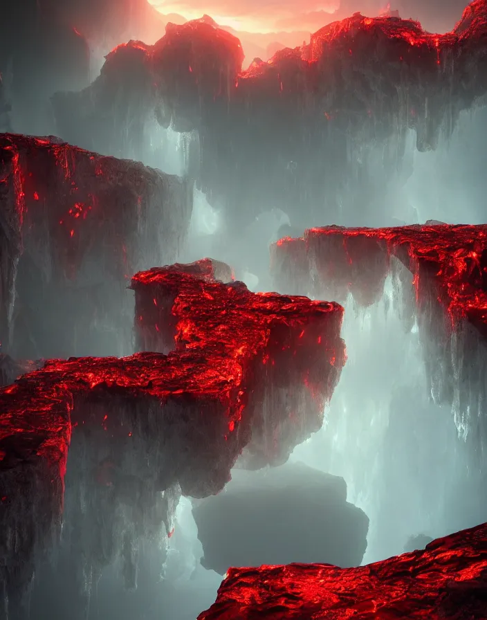 Image similar to infinity pool in hell. intricate artwork by artstation. halo. octane render, cinematic, hyper realism, octane render, 8k, depth of field, bokeh, demonic, dark, devil, demons, mist, red illuminating fog, rocks, red and black colour scheme.