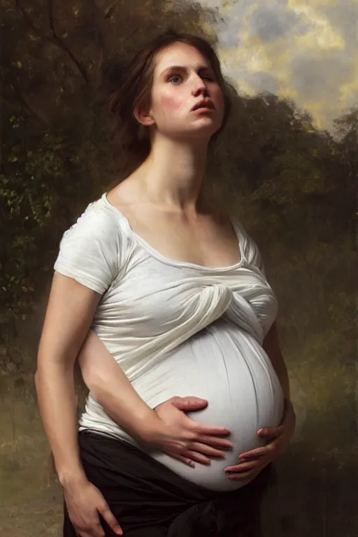 Image similar to pregnant woman in t-shirt by Alyssa Monks, Franz Xaver Winterhalter. full-shot, urban dystopia, hyper realism, realistic proportions, dramatic lighting, high detail 4k