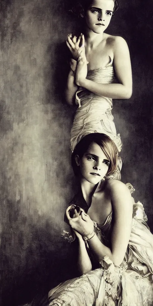 Image similar to emma watson coyly smiling detailed portrait painting by gaston bussiere craig mullins j. c. leyendecker photograph by richard avedon peter lindbergh annie leibovitz