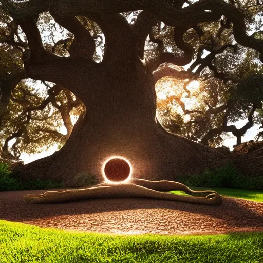 Prompt: a big old oak that has looks an octopus in front of the sun with a clear detailed shadow on the ground. octane render, cinematic photo, amazing light.