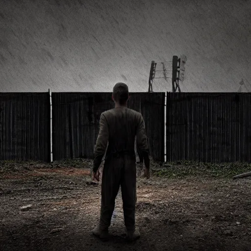 Image similar to a dystopian matte painting of a scared man standing in front of a fence with barbed wire, by jeffrey smith, tim biskup, behance contest winner, wallpaper, digital illustration