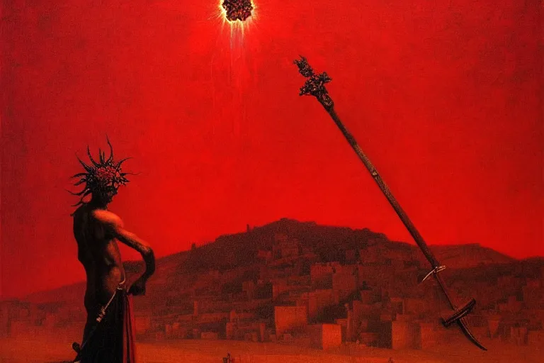 Image similar to only with red, a red melted apollo with a laurel wreath and a flaming sword announce the win, athens in the background, in the style of beksinski, part by hopper, part by rodcenko, part by hofbauer, intricate composition, red by caravaggio, insanely quality, highly detailed, masterpiece, red light, artstation