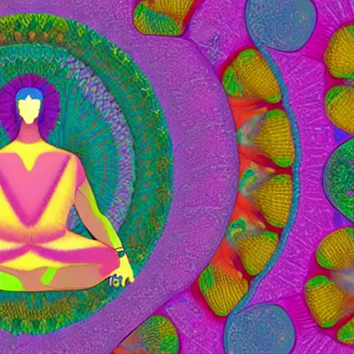 Image similar to A beautiful photograph of a man with a large head, sitting in what appears to be a meditative pose. His eyes are closed and he has a serene look on his face. His body is made up of colorful geometric shapes and patterns that twist and turn in different directions. It's almost as if he's sitting in the middle of a kaleidoscope! peach, rococopunk by Phoebe Anna Traquair stormy