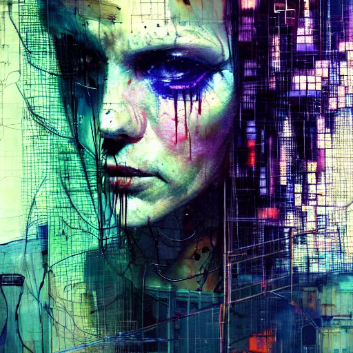 Image similar to cyberpunk lost in a glitchcore world of wires, and machines, by jeremy mann, francis bacon and agnes cecile, and dave mckean ink drips, paint smears, digital glitches glitchart