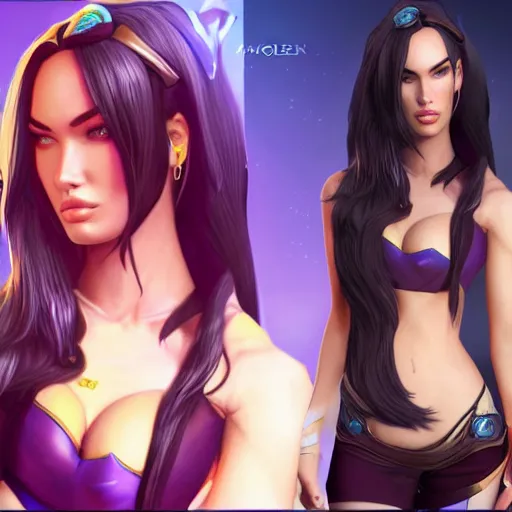 Image similar to character sheet of Megan Fox as a character in the game League of Legends, with a background based on the game League of Legends, 3d render, octane render, iRay, ray tracing, realistic, highly detailed, trending on artstation, 4k, cgsociety, unreal engine 5, redshift render, blender cycles, behance, cg