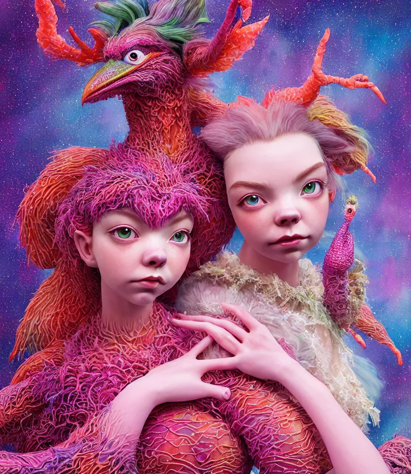 Prompt: hyper detailed 3d render like a Oil painting - kawaii portrait of two Aurora (a beautiful girl skeksis muppet fae princess protective playful expressive acrobatic from dark crystal that looks like Anya Taylor-Joy) seen red carpet photoshoot in UVIVF posing in scaly dress to Eat of the Strangling network of yellowcake aerochrome and milky Fruit and His delicate Hands hold of gossamer polyp blossoms bring iridescent fungal flowers whose spores black the foolish stars by Jacek Yerka, Ilya Kuvshinov, Mariusz Lewandowski, Houdini algorithmic generative render, golen ratio, Abstract brush strokes, Masterpiece, Edward Hopper and James Gilleard, Zdzislaw Beksinski, Mark Ryden, Wolfgang Lettl, hints of Yayoi Kasuma and Dr. Seuss, octane render, 8k