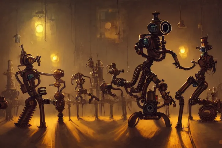 Prompt: steampunk robots dancing by otto dix and greg rutkowski and andreas rocha, cinematic lighting, highly detailed, warm colours, 4 k